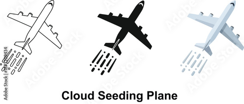 Collection of cloud seeding plane icons representing weather modification and atmospheric research in flat and silhouette styles for design