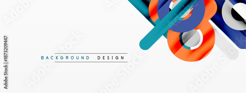 Abstract geometric shapes create dynamic background. Blue, orange, teal elements overlap, offering modern visual appeal. Minimalist design.