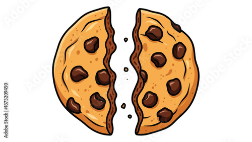 Delicious golden chocolate chip cookie broken into two perfect halves with crumbs falling away