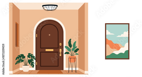Cozy and stylish home entryway with a brown arched door, potted plants, and a piece of abstract art on the wall.