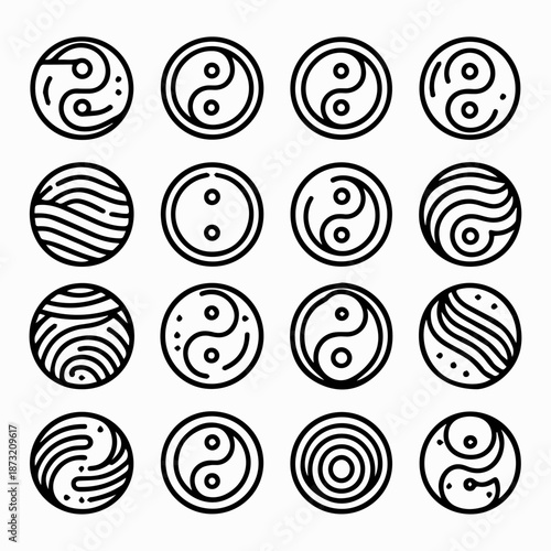 Set of fifteen black and white yin yang symbols with various patterns on a white background in a flat lay composition.