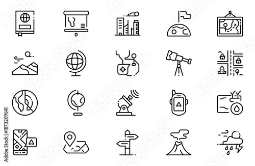 Geography line icon set. Includes thin line symbols earth, geological, mining, geology and more. Thin outline icons pack. Vector illustration