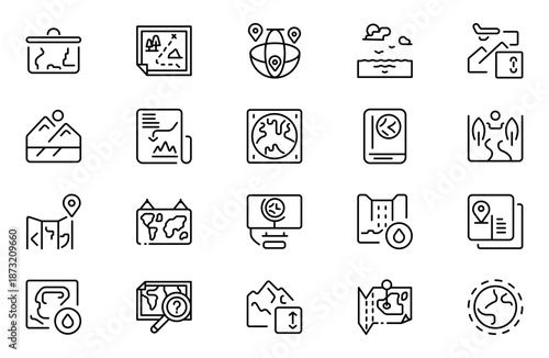 Geography line icon set. Includes thin line symbols earth, geological, mining, geology and more. Thin outline icons pack. Vector illustration