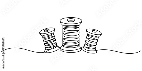 Spools of thread in one continuous line drawing vector illustration. one line Icon drawing with white background, Continuous one line drawing showcases spool of thread with thread unraveling elegantly