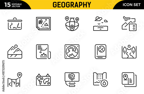 Geography line icon set. Includes thin line symbols earth, geological, mining, geology and more. Thin outline icons pack. Vector illustration