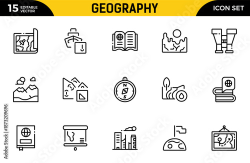 Geography line icon set. Includes thin line symbols earth, geological, mining, geology and more. Thin outline icons pack. Vector illustration