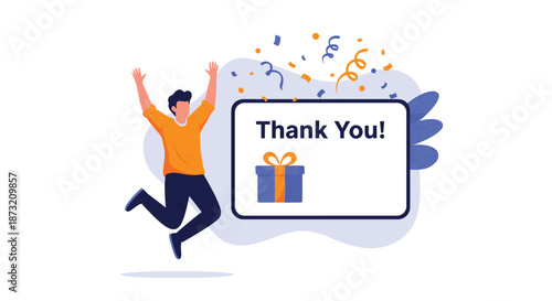 Happy man jumping with joy next to a thank you message on a card with a gift box, showing gratitude and appreciation.