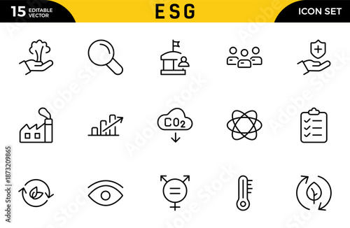ESG icon Outline set. Environmental, Social, and Governance line icon. ESG outline icons collection. Includes Sustainability, Solar Panel. Thin outline icons pack. Vector illustration