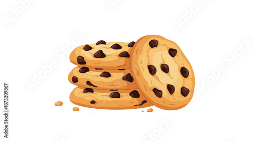 Stacked golden-brown chocolate chip cookies with rich cocoa morsels, depicted in a vibrant illustration, offering a delicious, comforting, and sweet