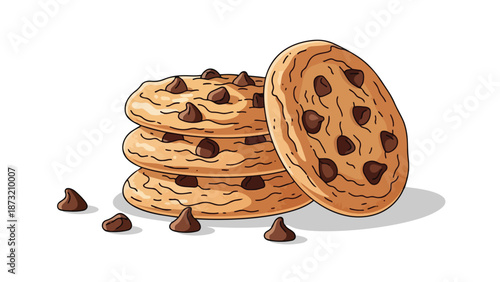 A delightful illustration of golden-brown chocolate chip cookies, stacked high and surrounded by loose chocolate morsels, depicting a classic sweet