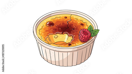 Rich creamy dessert illustration featuring a golden caramelized sugar crust and a fresh raspberry.