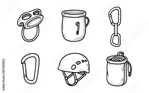 Hand-drawn vector illustration of essential rock climbing gear and equipment