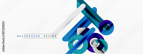 Abstract geometric shapes overlap, creating dynamic composition. Blue, silver tones dominate white background. Modern design element.