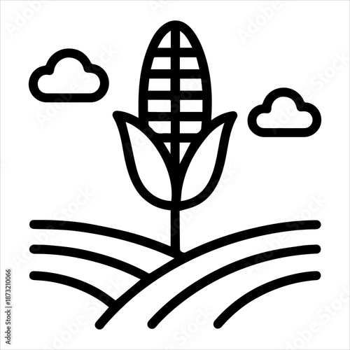 Black line illustration of an ear of corn growing in wavy lines representing soil with two clouds in the background on a white background.