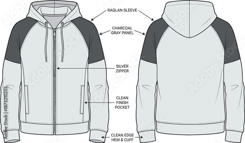 Hooded sweatshirt sketch, raglan sleeve, zipper front, fashion technical drawing, garment construction details, apparel design layout, flat vector illustration
