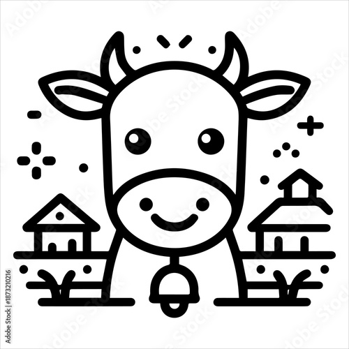 A smiling cartoon cow with a bell around its neck standing in a simple line drawing farm scene with houses.