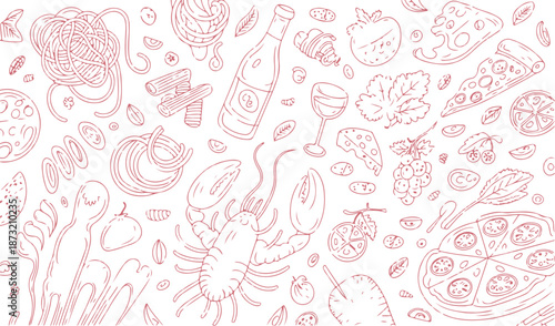 Italian Food Seamless Pattern with Pizza, Pasta, Lobster and Wine Line Art. Hand Drawn Italian Food Doodle Pattern in Red Outline Style. Seamless Italian Cuisine Pattern for Cafe, Food Branding
