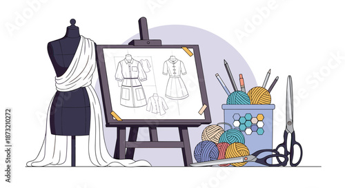 Fashion designer's workspace with a mannequin, sketches on an easel, yarn, scissors, and other tailoring and sewing supplies.