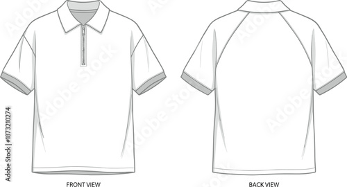 Polo shirt sketch, short sleeve design, zipper placket, raglan sleeve structure, fashion technical drawing, garment layout, flat vector illustration