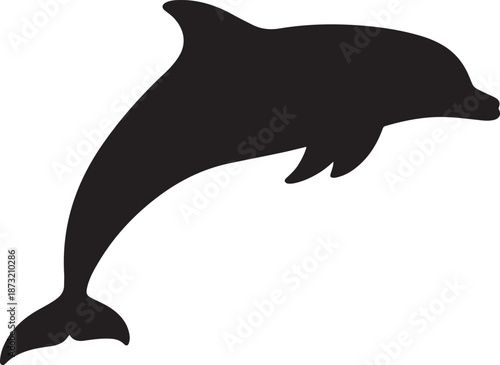 Dynamic black silhouette of a dolphin leaping out of water on a white background jumping ocean