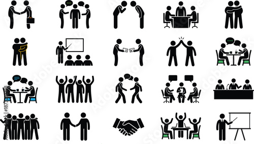 Business communication and teamwork pictogram icons set illustrating meetings negotiation collaboration partnership leadership brainstorming and professional office interactions
