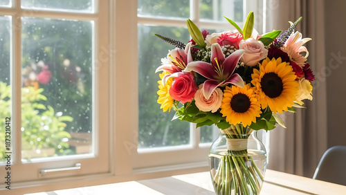 A beautiful bouquet of flowers in a vase on a table by a window