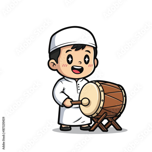 A cheerful young boy wearing a traditional outfit and cap plays a large drum on a stand against a clean white background, celebrating ramadan and Eid Fitr with a joyful expression.