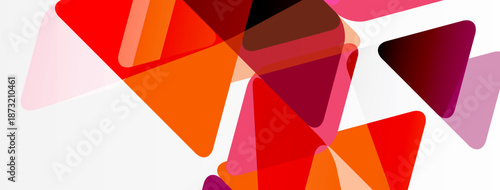 Abstract geometric shapes overlap. Red, orange, pink hues dominate composition. Minimalist design, modern aesthetic. Clean lines, vibrant colors.
