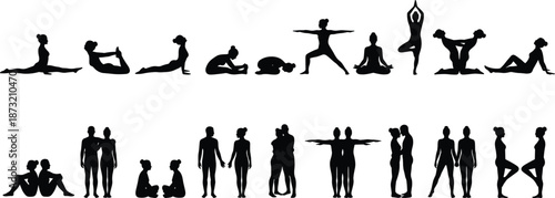 Black yoga and human pose silhouettes set showing meditation, stretching, couples interaction, wellness fitness concept isolated on white background