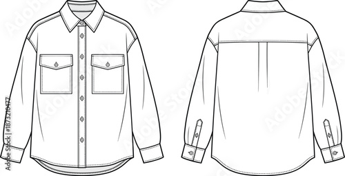 Button-up shirt sketch, long sleeve design, fashion technical drawing, front and back view, garment layout, flat vector illustration