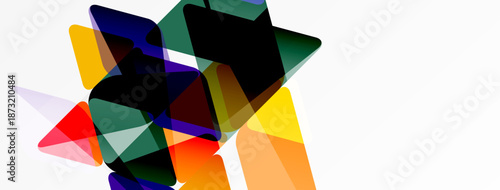 Abstract composition featuring overlapping translucent shapes. Colors include orange, yellow, purple, green, black. Minimalist design, clean background.