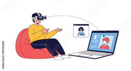 Man wearing a VR headset and sitting in a beanbag chair, having a virtual meeting or online chat through his laptop.