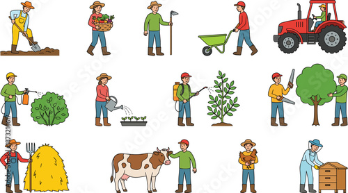 Farm work illustration set showing farmers, gardening, harvesting, livestock care and agricultural activities in colorful flat cartoon style