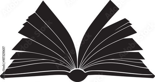 Silhouette of an open book with fanned pages on a white background reading