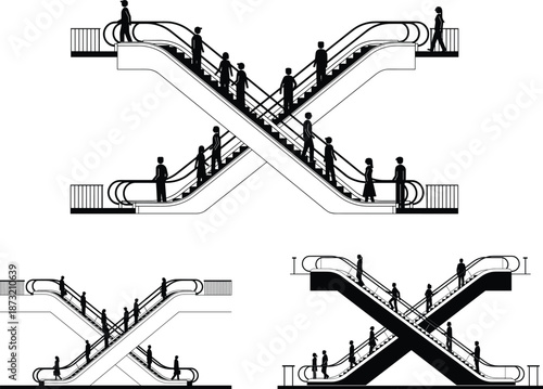 Escalator illustrations, crisscross design, public space movement, silhouette people, architectural flow, level indicators, black white contrast, urban transit concept