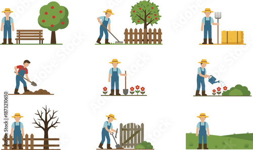 Farmer gardening activities illustration set showing planting watering harvesting rural farm work flat vector icons design collection