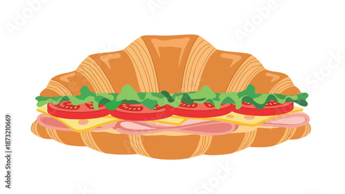 Delicious fresh croissant sandwich illustration bursting with savory ham slices, rich yellow cheese, ripe red tomatoes, and vibrant crisp green