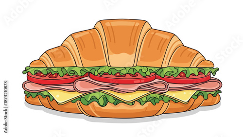 Delicious layered croissant sandwich illustration with fresh ingredients perfect for breakfast or lunch menu design