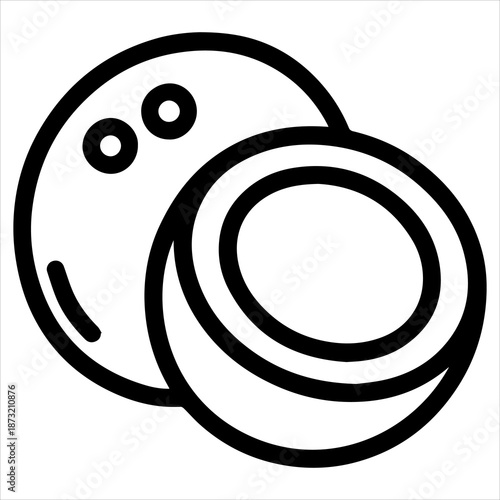 Black line drawing of a smiling face with two eyes and a circular object on a white background.