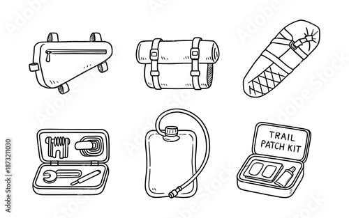 Hand-drawn bicycle touring and camping gear collection
