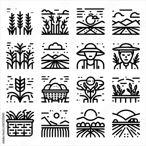 Collection of 16 black line icons depicting various agricultural and farming related symbols on a white background.