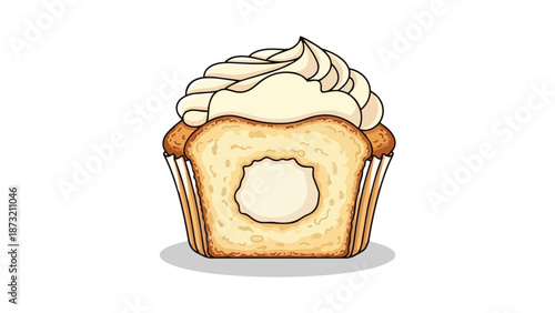 Delicious vanilla cupcake illustration, halved to show creamy frosting and soft cake with a delightful center