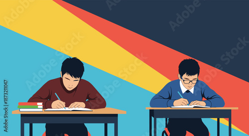 Two male students sitting at their desks and writing in notebooks, focused on studying for an exam or doing their homework.