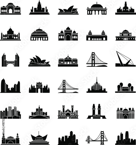 Global landmark skyline silhouette icons set featuring famous monuments cityscapes bridges and architectural symbols in modern minimal black vector style