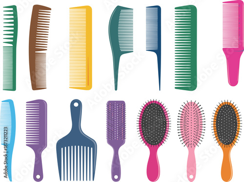 Hair combs and brushes, colorful grooming tools, styling accessories, beauty equipment, haircare essentials, plastic combs, bristle brushes, salon supplies, variety set