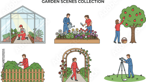 Garden scenes collection illustration with people gardening, greenhouse, flower beds, harvesting fruit, outdoor hobby activities, nature lifestyle vector set