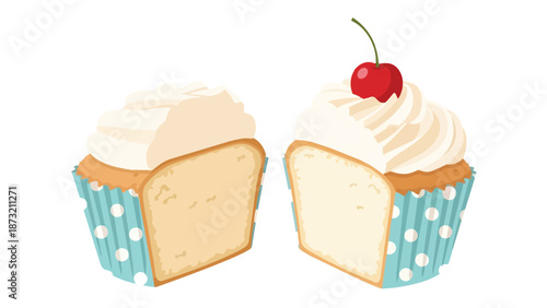 A delightful illustration showcasing two perfectly sliced vanilla cupcakes adorned with creamy white frosting and one vibrant red cherry atop a