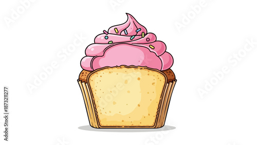 Delicious cupcake cross-section with pink frosting and sprinkles, showcasing its delightful interior and tempting bakery charm. Perfect for menus
