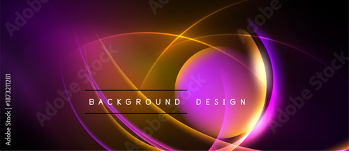 Abstract design features vibrant curves, gradients. Purple, orange hues create dynamic visual effect. Text reads background design.