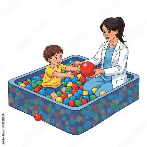 Therapist engaging young child in playful ball pit activity